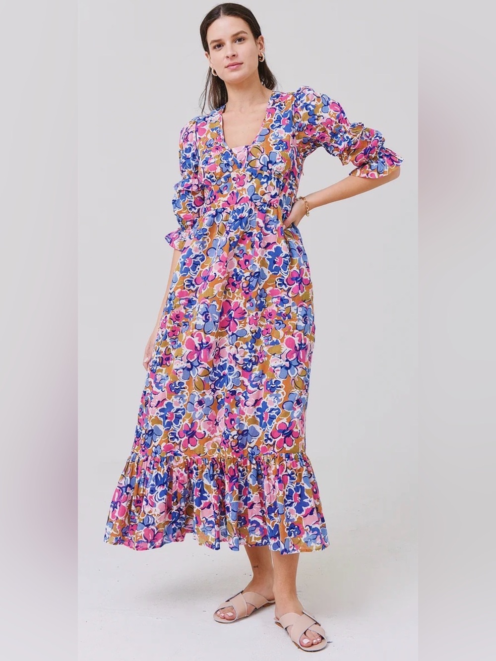 BANJANAN Women's Aubree Dress Floral V-Neck size L